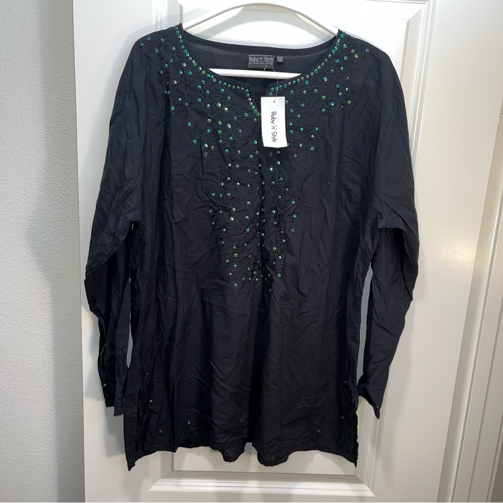 New Ruby 'N' Style black V Neck Sequin Long Sleeve Pull Over Tunic Shirt sz Plus